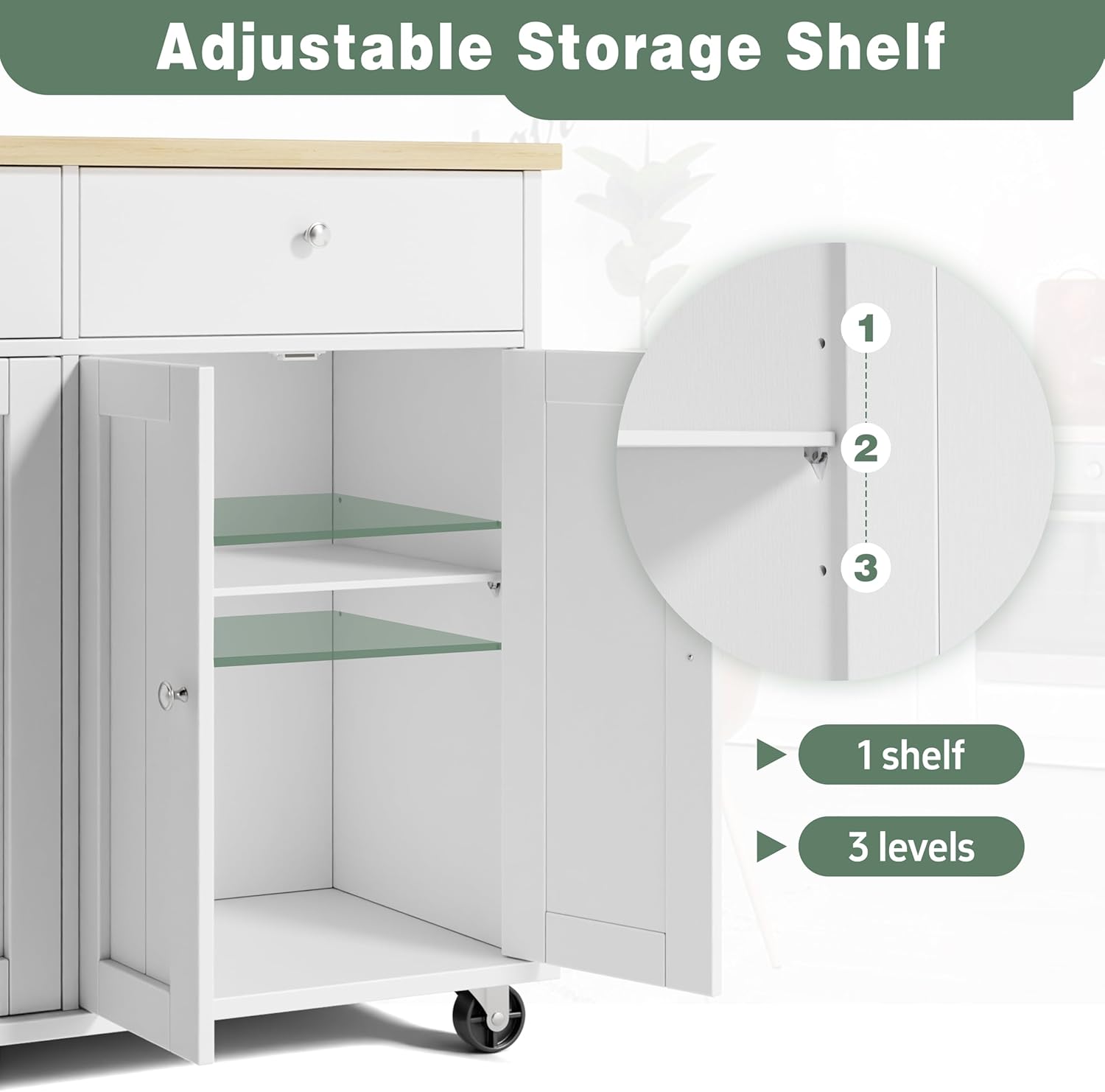 JY QAQA 39" Kitchen Island on Wheels with Storage Cabinet Kitchen Cart Cabinet with Shelves, Cart Handle for Towel Rack or Free Mobility, Portable Islands for Kitchen, White