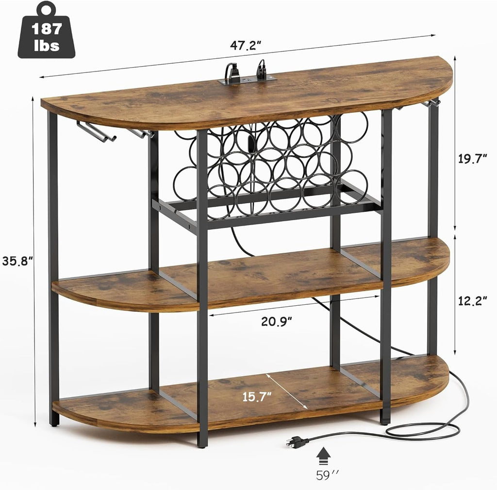 Furmax Wine Bar Cabinet for Liquor Bar Table Bar Cabinet with Lights and Outlet 4-Tier Storage Freestanding Wine Racks with Glass Holder Mini Bars for Home, Bar