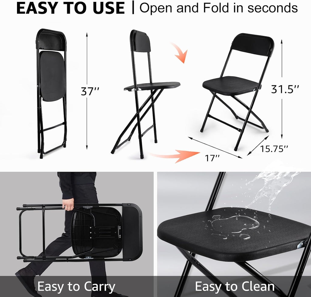 10 Pack Black Folding Chairs, Portable Stackable Commercial Foldable Chair, Indoor Outdoor Plastic Folding Chair for Events/Office/Home/Wedding/Party, 400lbs Capacity