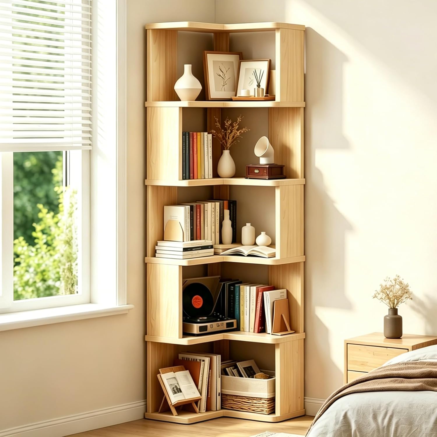 Corner Book Shelf, 6-Shelf Corner Bookcase with Baffle, Wooden Bookshelf with Open Storage, L Shaped Shelves for Small Spaces, Living Room, Home Office, Bedroom, Kitchen, Natural (6-Tier-1)