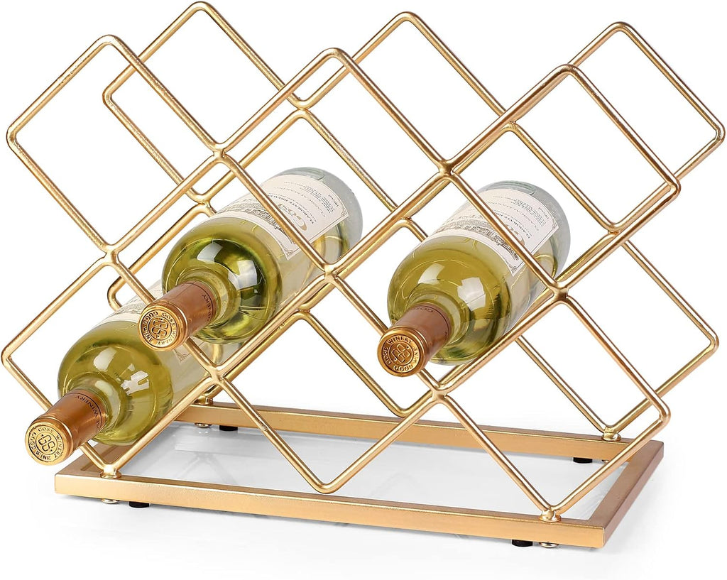 Countertop Wine Rack - 10 Bottle Freestanding Modern Gold Metal Small Wine Rack - Tabletop Wine Holder Stand for Cabinet, Pantry, Wine Bottle Storage…