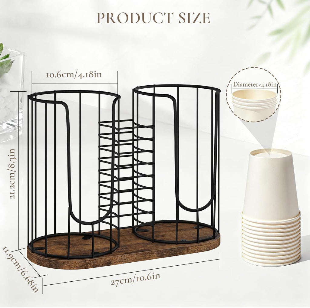Coffee Cup Holder 18oz 3-Compartment Paper Cup Dispenser Rack with Wood Base - Disposable Cup, Straw & Lid Organizer 3-in-1 Storage for Countertop, Coffee Bar, Kitchen, Office