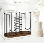 Coffee Cup Holder 18oz 3-Compartment Paper Cup Dispenser Rack with Wood Base - Disposable Cup, Straw & Lid Organizer 3-in-1 Storage for Countertop, Coffee Bar, Kitchen, Office