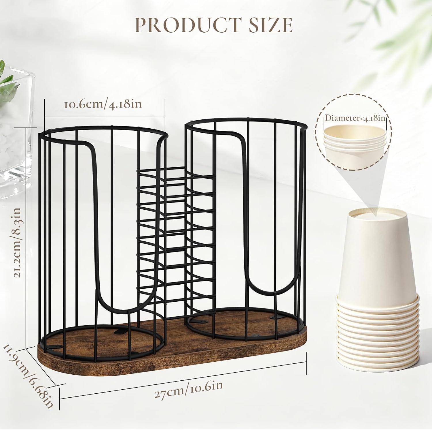 Coffee Cup Holder 18oz 3-Compartment Paper Cup Dispenser Rack with Wood Base - Disposable Cup, Straw & Lid Organizer 3-in-1 Storage for Countertop, Coffee Bar, Kitchen, Office