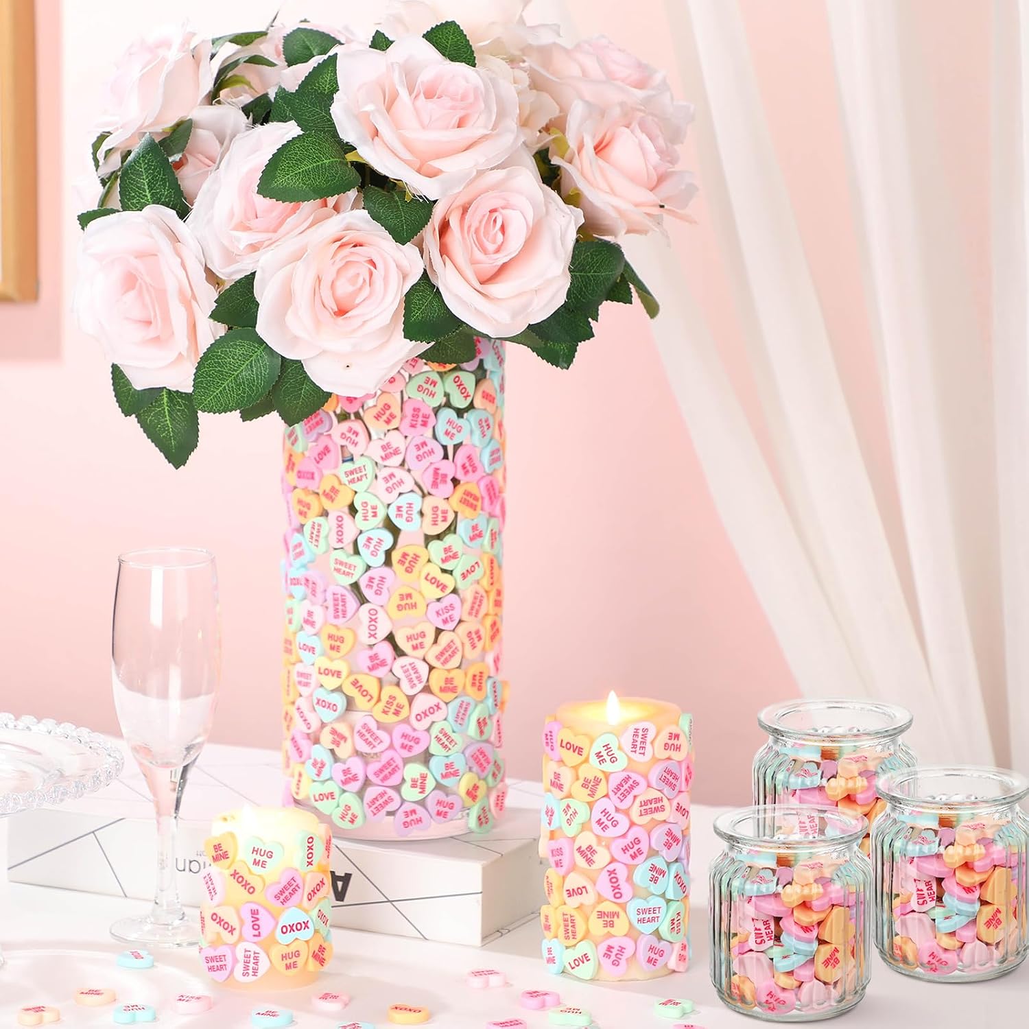 WinnerWhy 100 Pcs Conversation Hearts Vase Filler Resin for Candle Filler Candle Holder Floating Candles Candy Heart Centerpiece for Wedding Decor Macaron Color