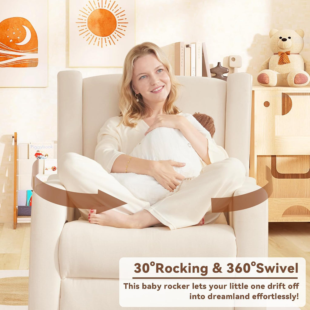 Tbfit 32" Nursery Rocking Chair, 360° Swivel Recliner Chair with Lumbar Support for Bedroom, Comfy Upholstered Armchair with Pillows & Footrest for Living Room & Baby Room