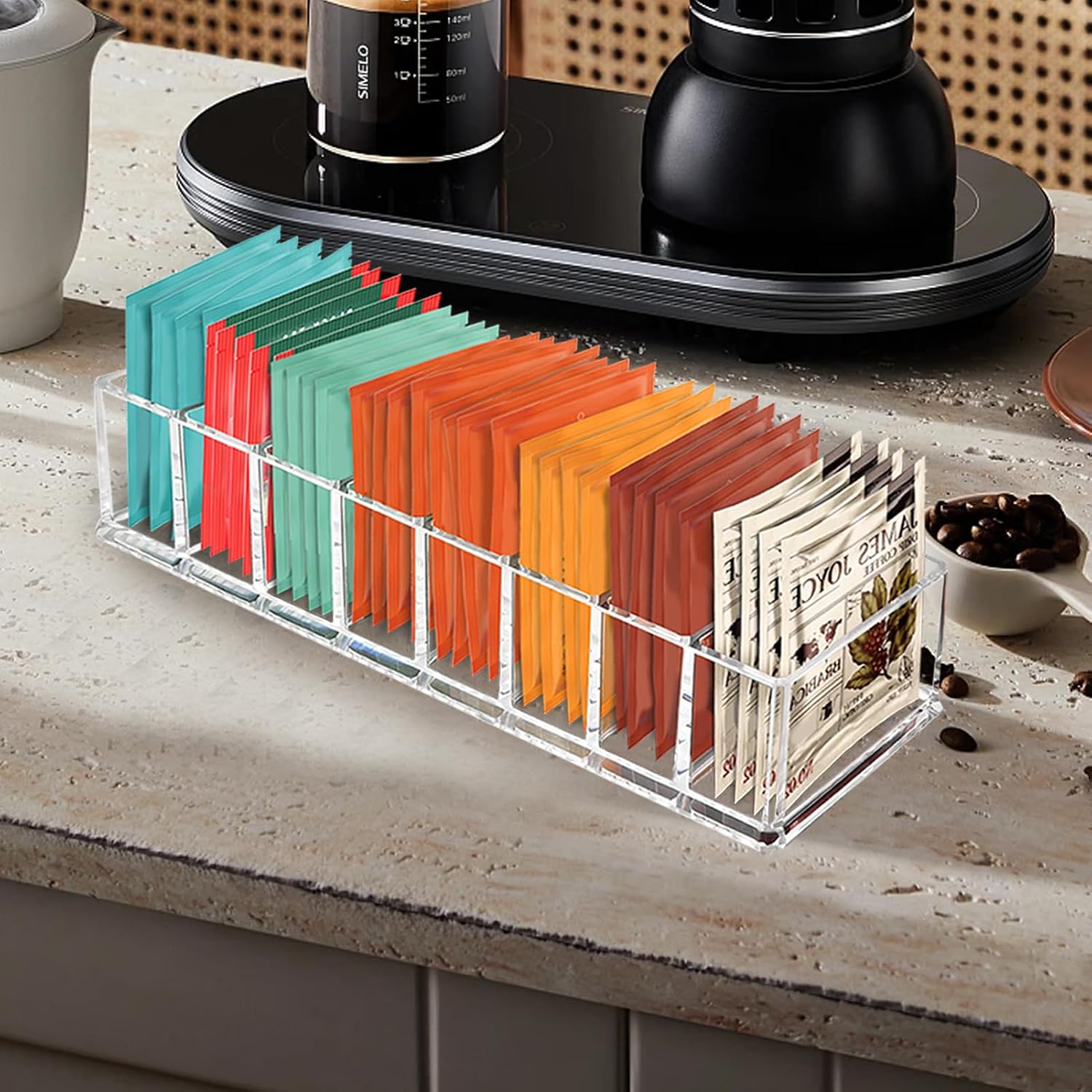 Tasybox Tea Bag Organizer, Tea Holder, Tea Organizers and Storage, 1 Pack | Acrylic Tea Organizer, Clear Tea Bag Holder, 8 Slot Tea Bag Storage Container for Drawer, Pantry, Kitchen, Cabinet Countertop