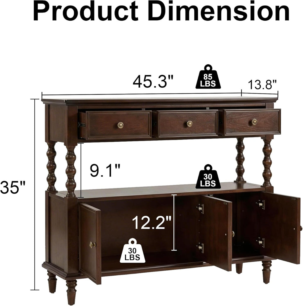 45.3'' Solid Wood Console Table, Retro Sofa Table with 3 Drawers & 2 Cabinet, Long Behind Couch Accent Table Console Table Narrow Entryway Table for Living Room, Foyer, Hallway