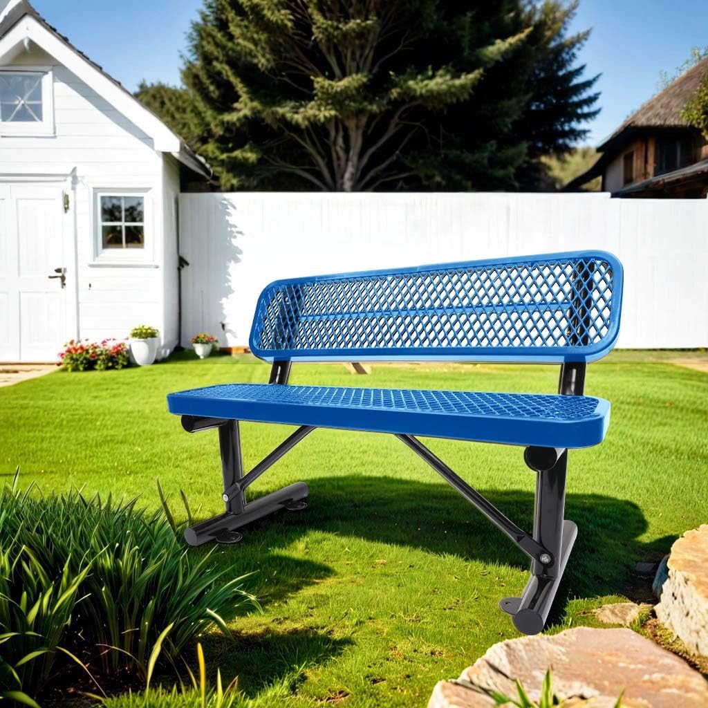 Outdoor Steel Bench with Backrest, Powder Coated Metal Park Seat, Perforated Mesh Patio Seating for Garden, Campus, Trail, Schoolyard, Transit Stop, Playground, Porch, Public Plaza