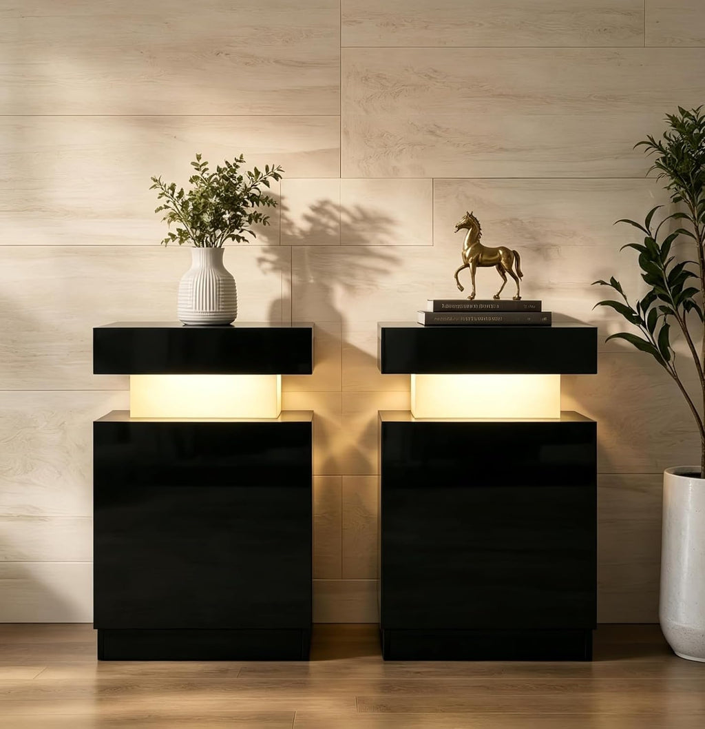 Black Nightstands Set of 2, LED End Table for Bedroom, Modern Bedside Table with Door One Storage Cabinet, Night Stand with Led Light