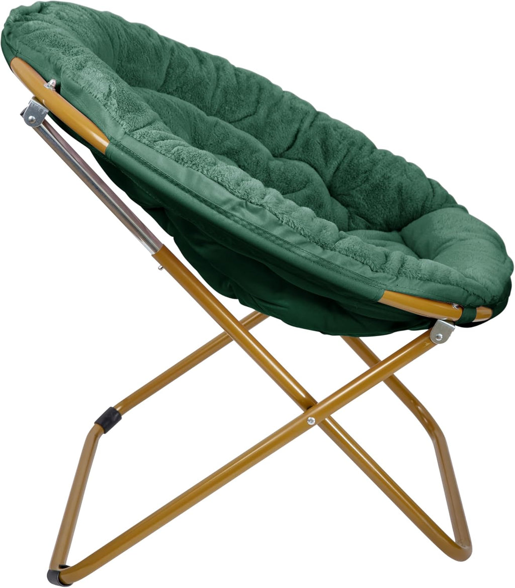 EMMA + OLIVER Ersa Oversize Folding Saucer Chair - Emerald Faux Fur Moon Chair - Soft Gold Metal Frame - 38" Portable Folding Chair - for Dorm and Bedroom
