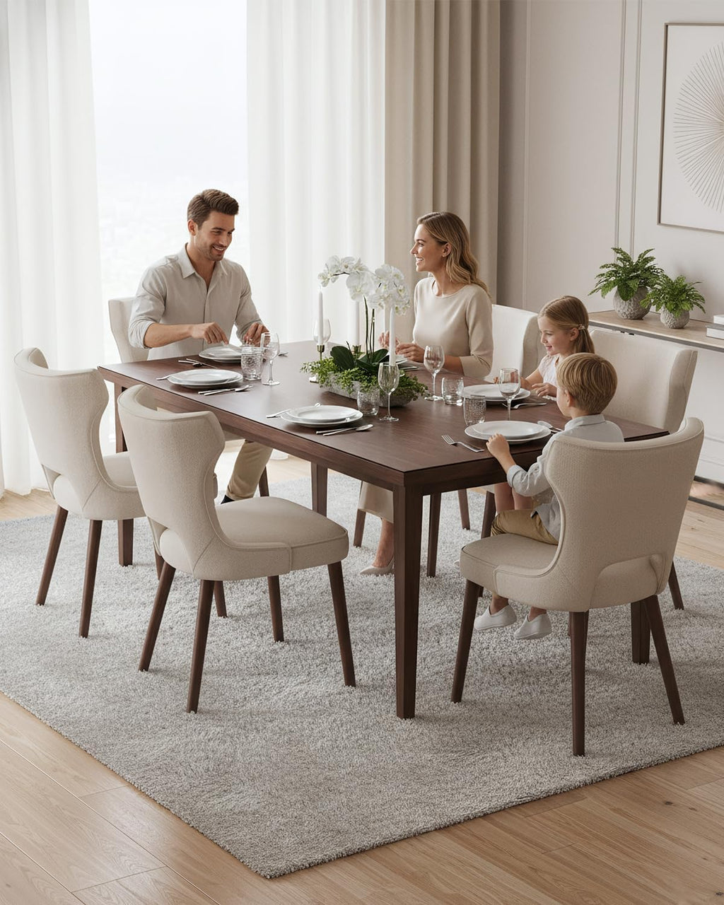 Wooden Dining Chairs Set of 4, Farmhouse Dining Room Chairs with Solid Wood Legs, Mid Century Fabric Kitchen Chairs, Upholstered Chair for Restaurant & Cafe- Beige