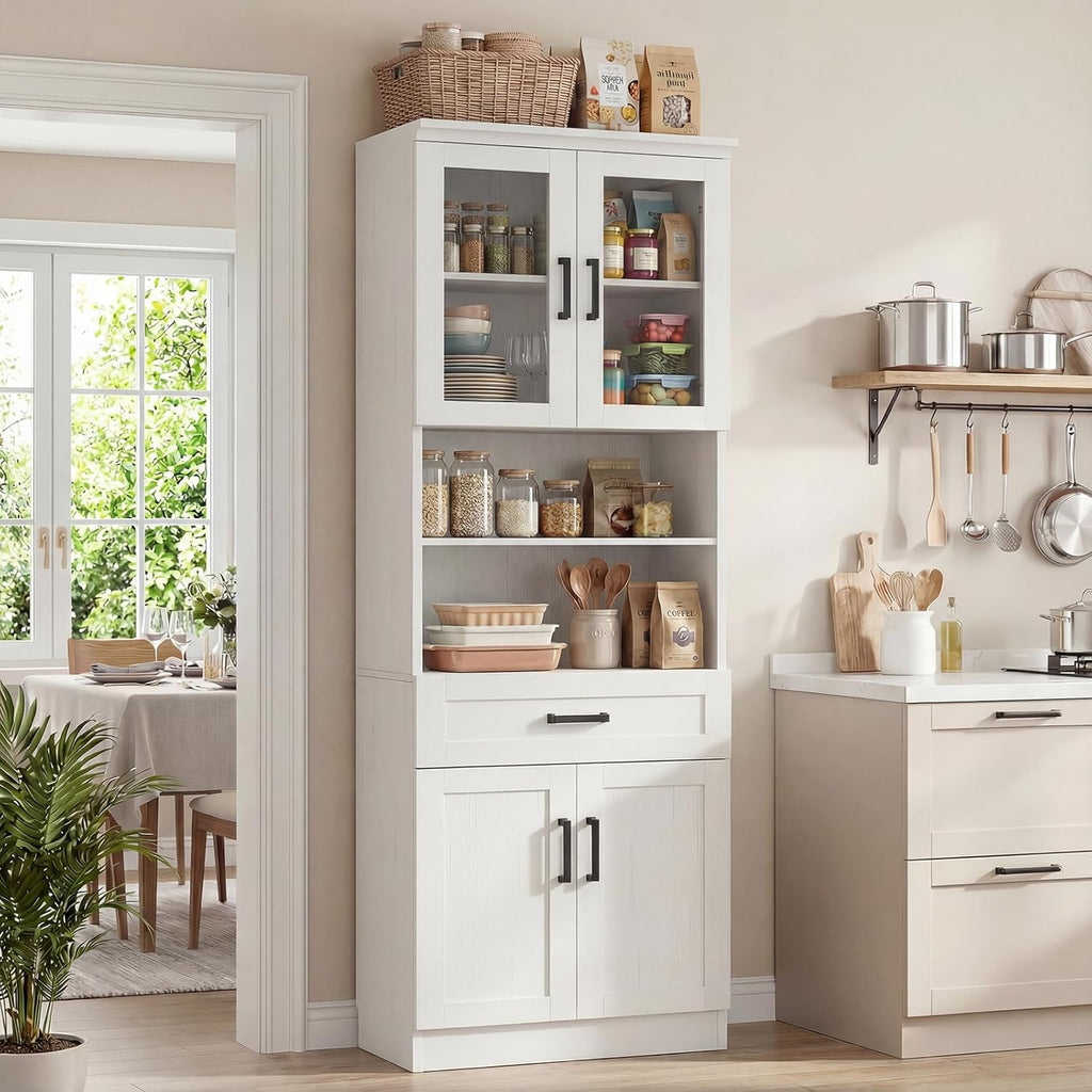 Unikito 79.7" Tall Kitchen Pantry Storage Cabinet, Freestanding Kitchen Hutch Cabinet with Glass Door, Adjustable Shelves and Drawer, Display Bookcase for Living Room, Dining Room, Bathroom, White
