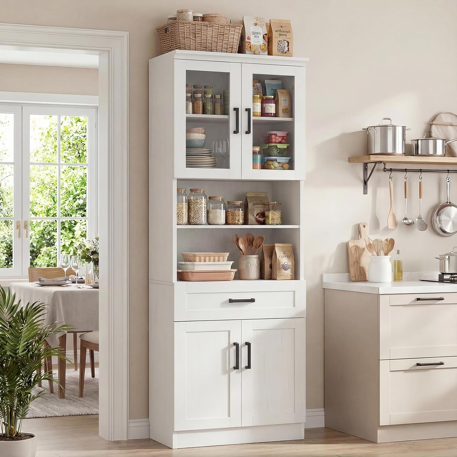 Unikito 79.7" Tall Kitchen Pantry Storage Cabinet, Freestanding Kitchen Hutch Cabinet with Glass Door, Adjustable Shelves and Drawer, Display Bookcase for Living Room, Dining Room, Bathroom, White