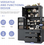 77'' Tall Freestanding Kitchen Pantry, Kitchen Storage Cabinets with Adjustable Shelves, Door Shelves, Drawers and Wine Racks, Versatile Cupboard for Dining Room, Living Room,Grey