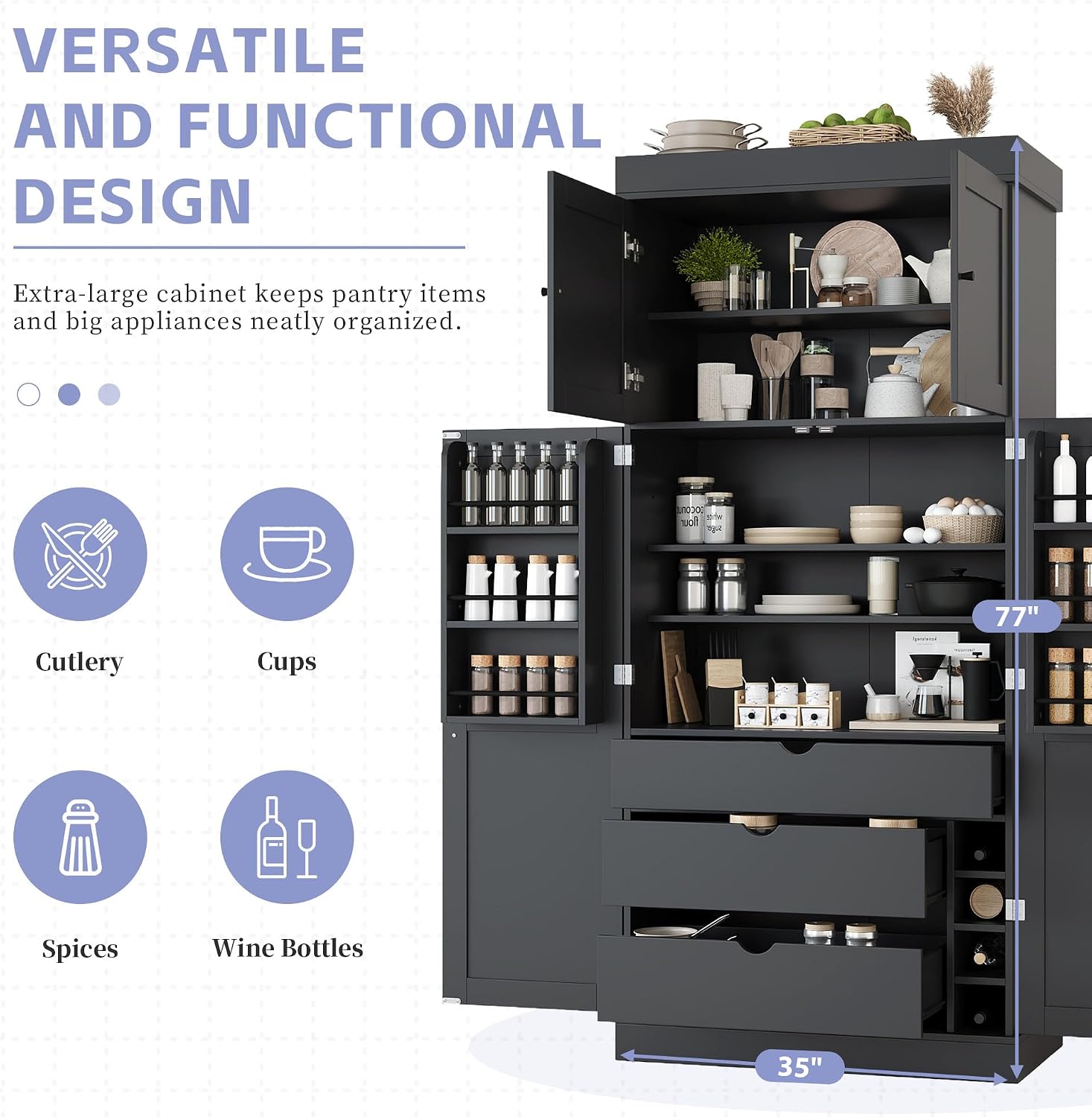 77'' Tall Freestanding Kitchen Pantry, Kitchen Storage Cabinets with Adjustable Shelves, Door Shelves, Drawers and Wine Racks, Versatile Cupboard for Dining Room, Living Room,Grey