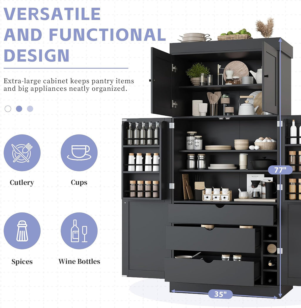 77'' Tall Freestanding Kitchen Pantry, Modern Cupboard Storage with Adjustable Shelves,Door Shelves, Drawers and Wine Racks,for Dining Living Room (Grey-A)