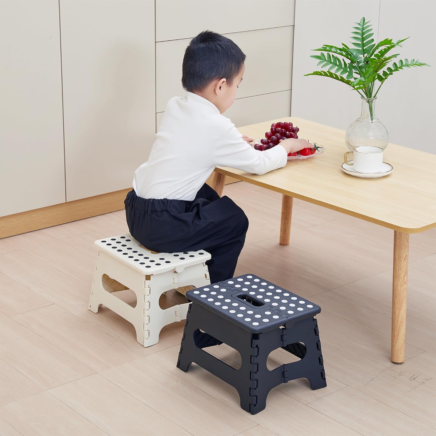 VECELO Step Stool Folding Chair (2024 New, Safety Lock Design) Step Ladder, Width 12.6 x Depth 9.8 x Height 8.7 inches (32 x 25 x 22 cm), Khaki Folding Stool, Chair, Compact, Outdoor/Indoor,