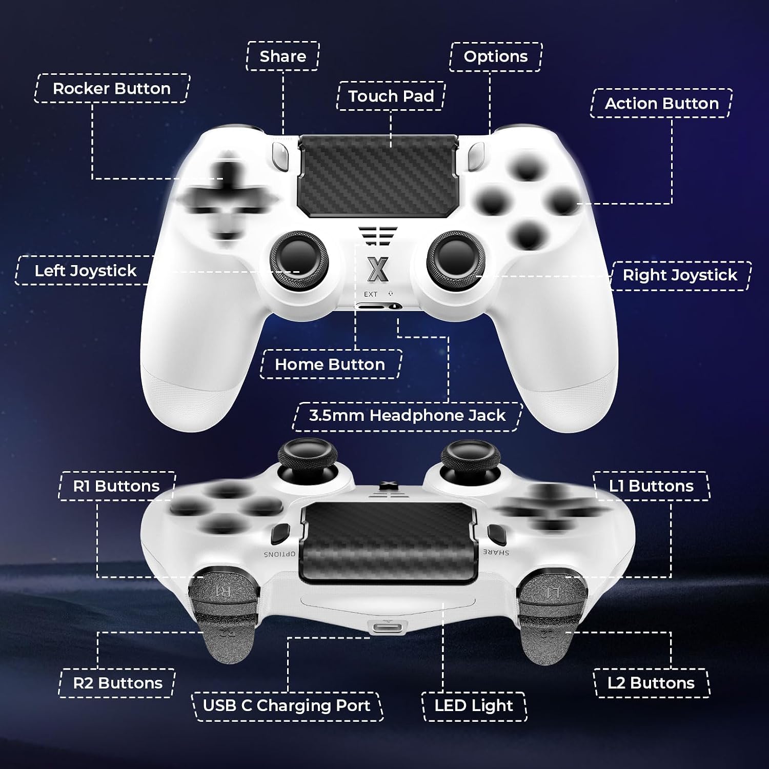 Puiseno Wireless Controller for PS-4, Dual Vibration Game Joystick/Motion Sensing/Touchpad/Speaker/3.5mm Audio Jack Headphone, Upgraded Six-Axis Sensor, Compatible with PS4/Slim/Pro Console/PC (WHITE+BLACK)