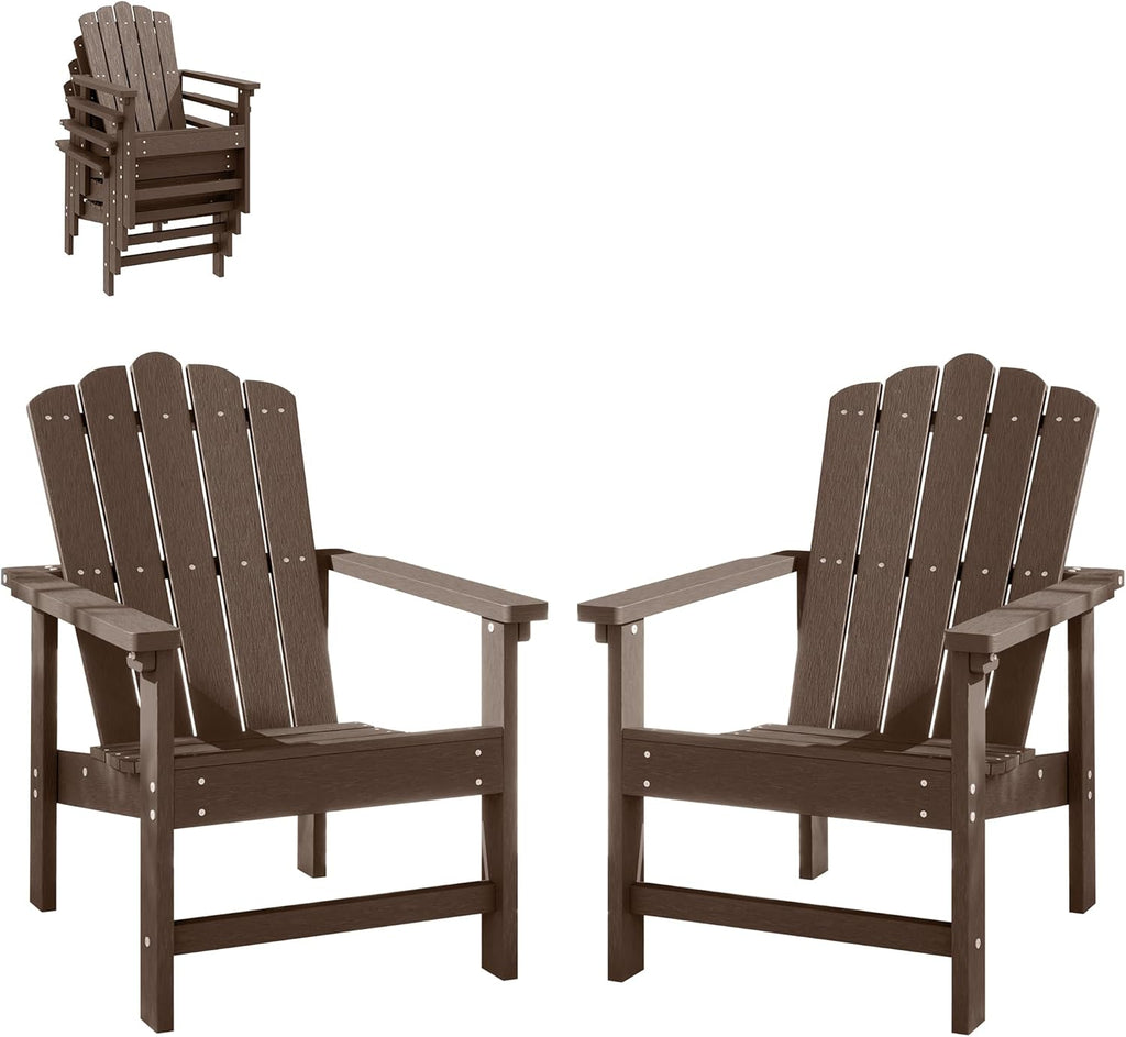 Stackable Adirondack Chairs Set of 2, Weather-Resistant Outdoor Patio Seating, Low Maintenance Poly Lumber Chairs for Porch, Deck, Garden, Fire Pit (Brown)