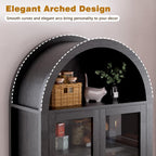 71" Tall Arched Pantry Cabinet with Glass Doors, Fluted Kitchen Storage Cabinet with Adjustable Shelves & Hidden Drawer, Freestanding Display Cabinet for Kitchen, Black