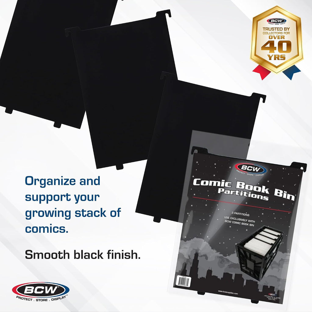 BCW Comic Bin Partitions | Exclusive Organizer for Short and Long Comic Book Bins | Notched, Tabbed, and Structurally Supportive Dividers (Black, 6 Pack)