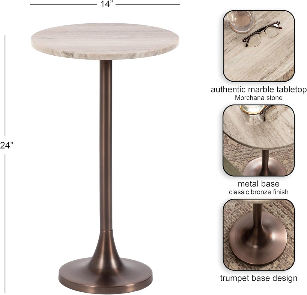 Kate and Laurel Baronet Glam Marble Round Side Table, 14 x 14 x 24, Morchana Marble and Bronze, Marble Top Circle End Table for Use as a Bedroom Nightstand or Living Room Plant Stand Option