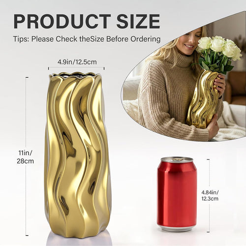 11.5" Gold Ceramic Vase - Minimalist Gold Flower Vase, Large Pampas Grass Vase, Boho Decorative Centerpiece Vase for Home Decor, Wedding, Housewarming, Table, Shelf, Mantel, and Entryway