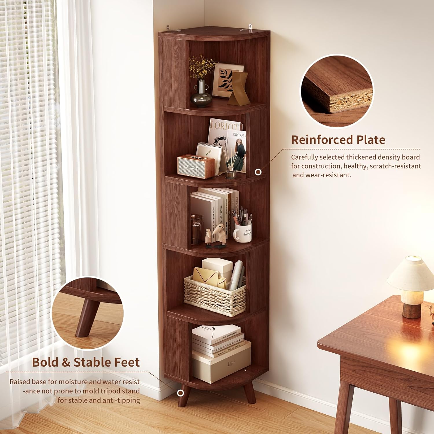 5-Tier Corner Bookshelf, Modern Corner Shelf, Freestanding Bookcase Corner Cabinet Storage Display Shelf Organizer for Living Room Home Office Bedroom Kitchen