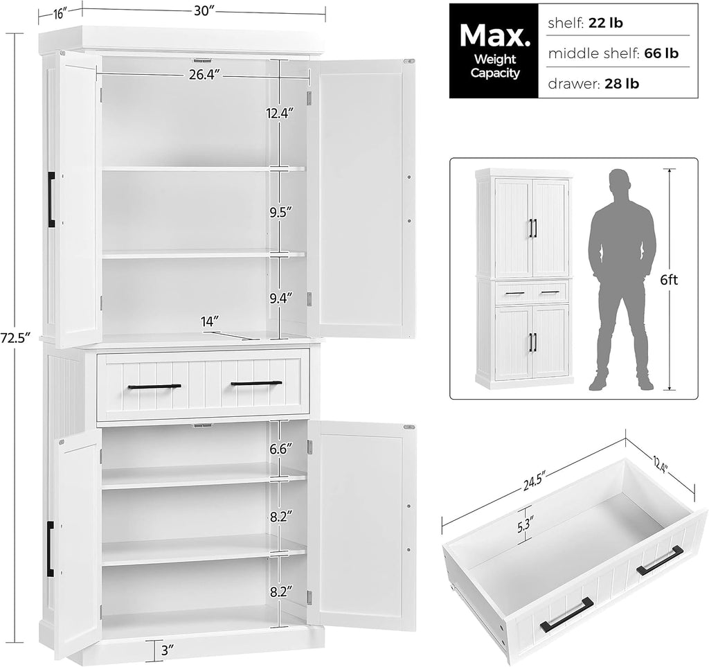 Topeakmart 72.5" Kitchen Pantry with Large Drawer, Wooden Pantry Cabinet Cupboard with Doors and Adjustable Shelves, Storage Cabinet Organizer for Kitchen, Dining Room, Living Room, White
