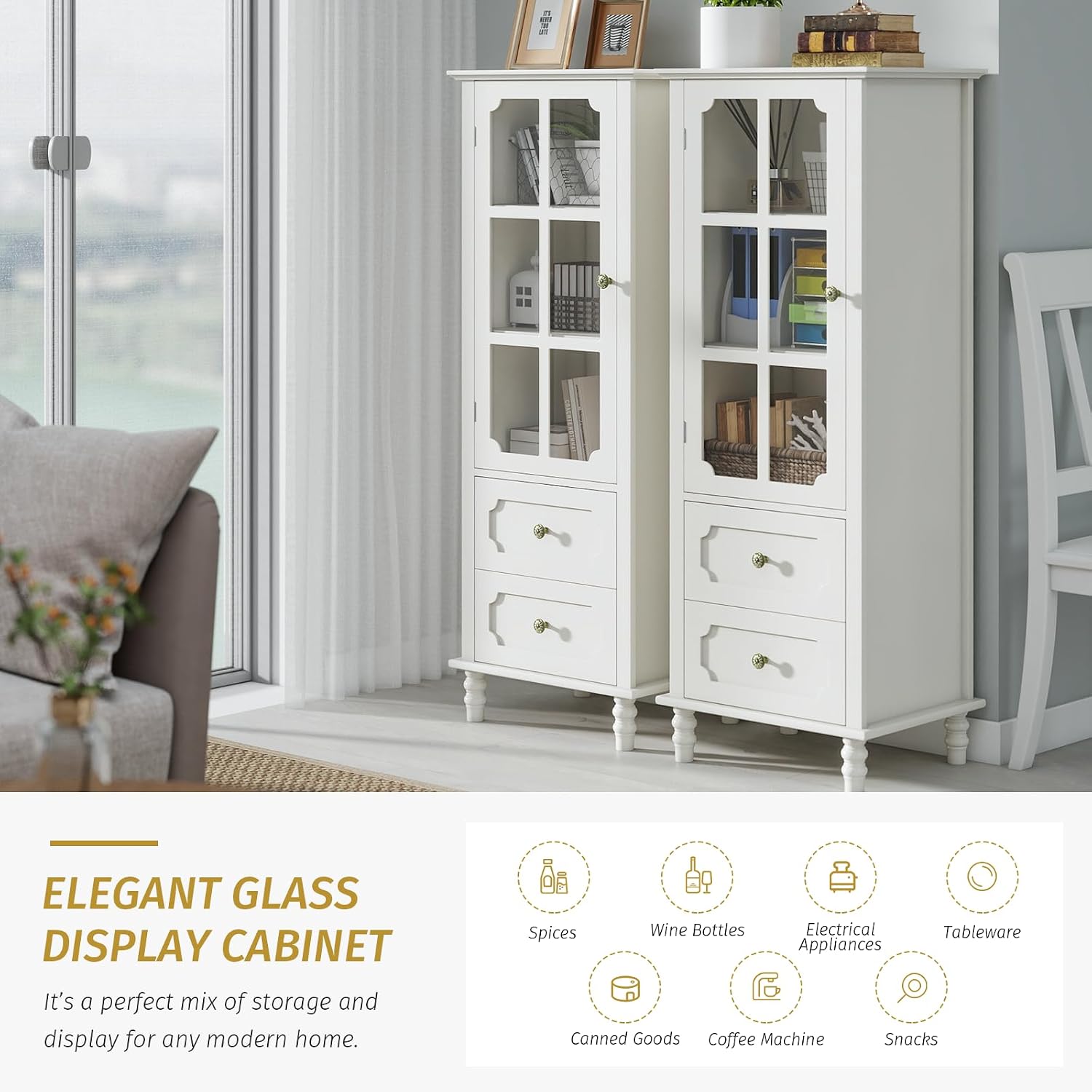 Tall Narrow Sideboard Buffet Cabinet with Storage, 52" Kitchen Pantry Storage Cabinet with 2 Glass Doors and 2 Drawer, Coffee Bar Unit Display Hutch (Creamy White)