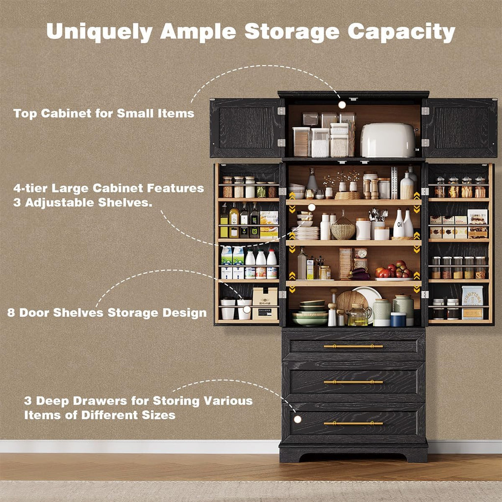 78.2" Tall Farmhouse Kitchen Pantry Cabinet with 8 Door Shelves and 3 Large Drawers, Modern Storage Cabinet with 3 Adjustable Shelves, Versatile Cupboard for Kitchen (Black)