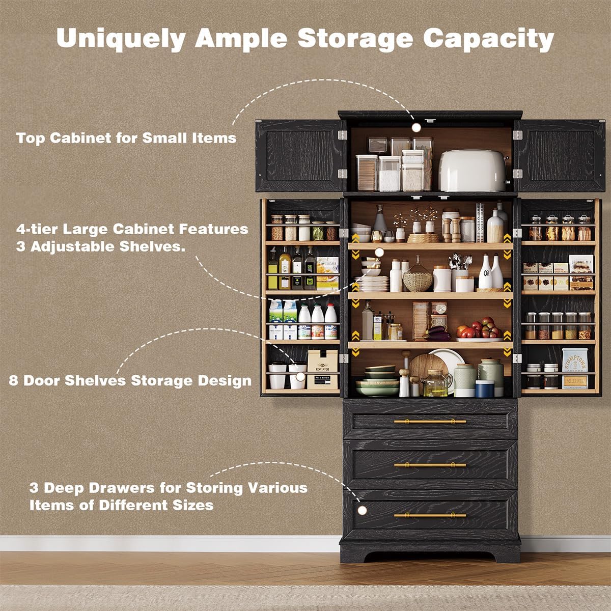 78.2" Tall Farmhouse Kitchen Pantry Cabinet with 8 Door Shelves and 3 Large Drawers, Modern Storage Cabinet with 3 Adjustable Shelves, Versatile Cupboard for Kitchen (Black)