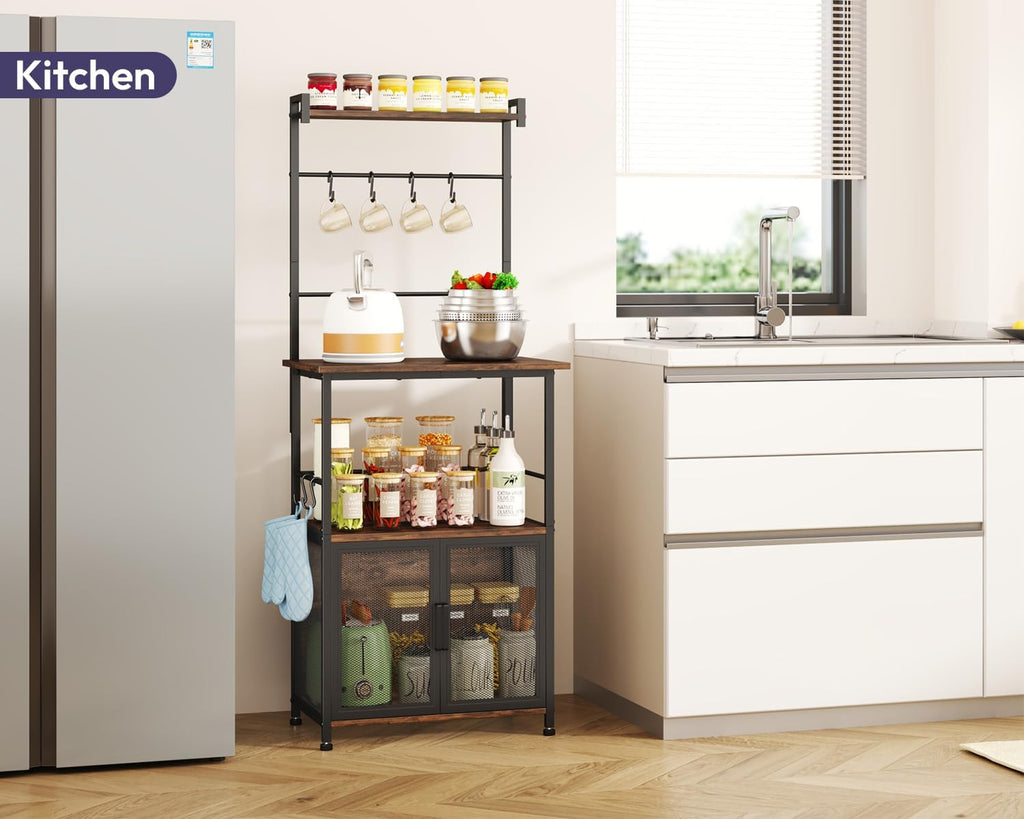 SWTYMIKI Coffee Bar Station for Space - Limited Home Coffee Lovers Espresso | Unique Double Mesh Enclosed Cabinet Doors + 6 Mug Hooks Multi-Purpose Microwave Stand, Buffet Cabinet Storage Rack