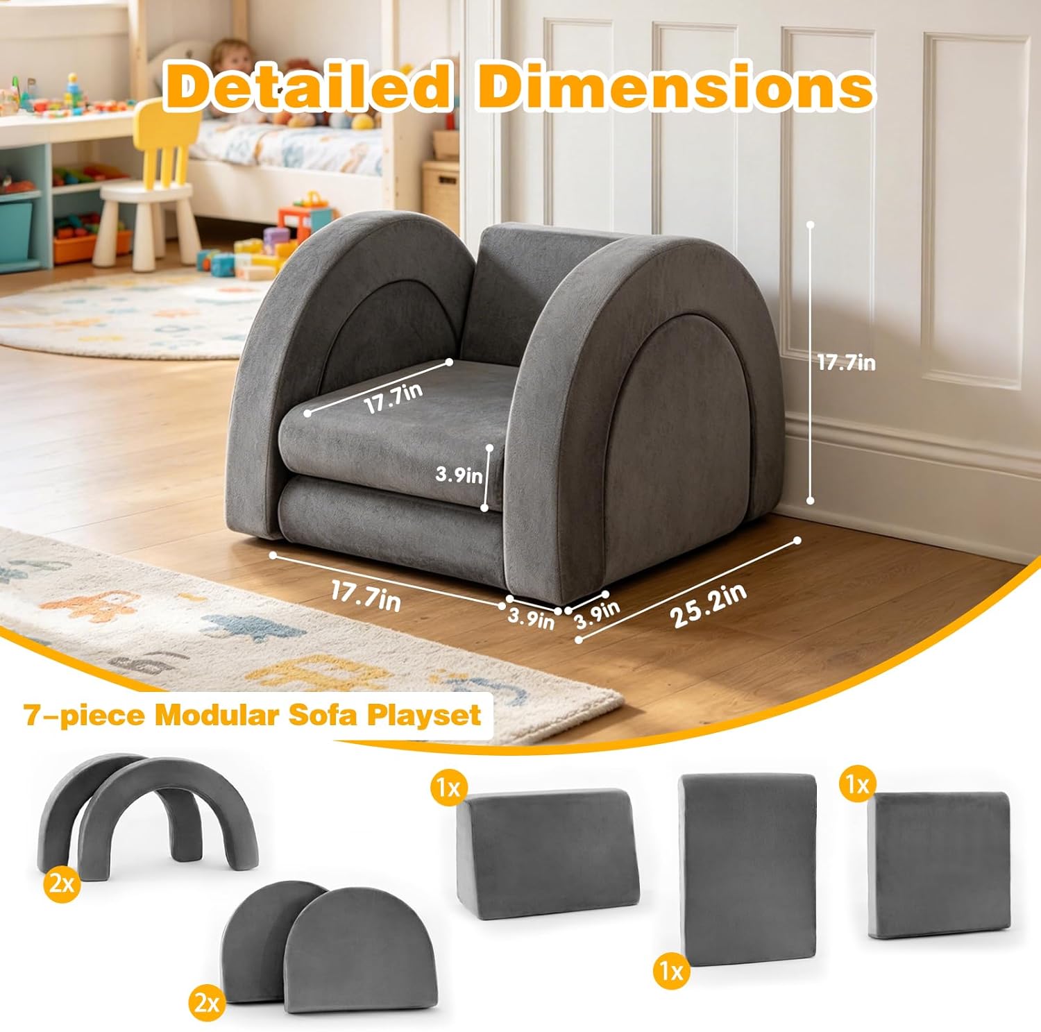 PY HOME & SPORTS Kids Modular Sofa Play Set, 7-Piece Creative Foam Couch for Children, Soft Coral Fleece, Multiple Configurations, Improves Hands-On Skills & Imagination, Compressed Packaging