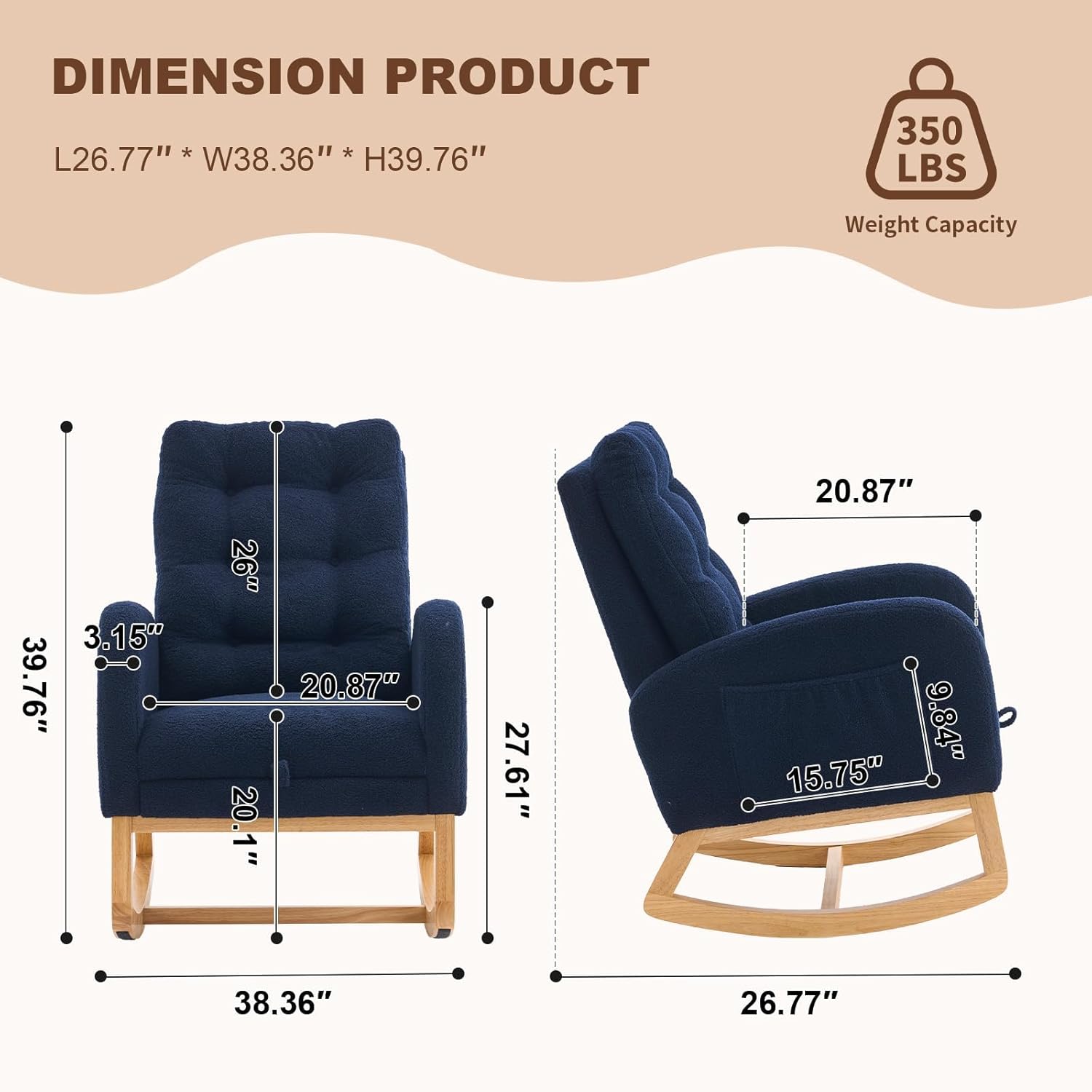 Rocking Chair with Foot Rest for Nursery Room, Teddy Upholstered Rocker Glider Chair with Side Pocket,Solid Wood Legs, High Backrest (Navy Blue)