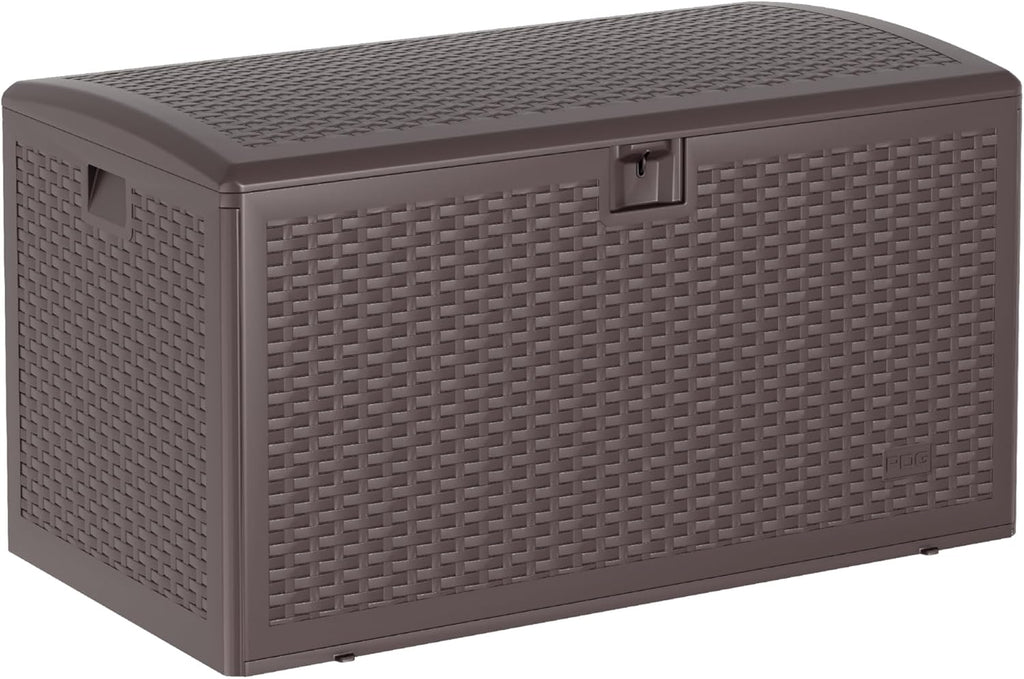 Takywep 99 Gallon Resin Wicker Outdoor Storage Deck Box, Waterproof UV Resistant Patio Storage Bench with Lockable Lid, Easy Assemble Outside Pool Garden Container in Brown Black Whiteer Style