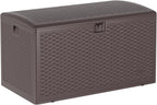 Takywep 99 Gallon Resin Wicker Outdoor Storage Deck Box, Waterproof UV Resistant Patio Storage Bench with Lockable Lid, Easy Assemble Outside Pool Garden Container in Brown Black Whiteer Style