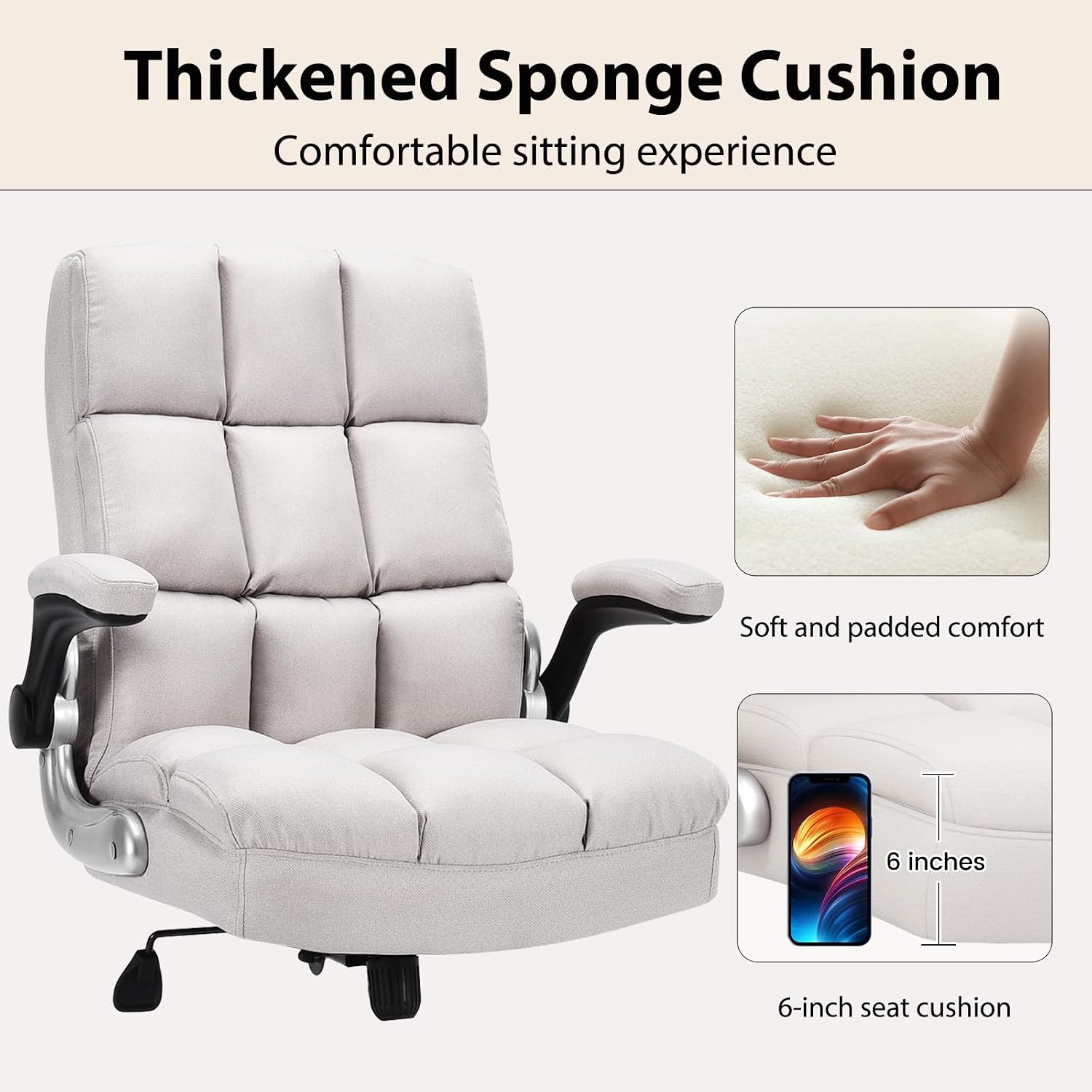 POWERSTONE Ergonomic Office Chair Big and Tall High-Back Executive Computer Desk Chair Upholstered Comfortable Home Office Chair with Flip-up Arms 400 LBS, Beige