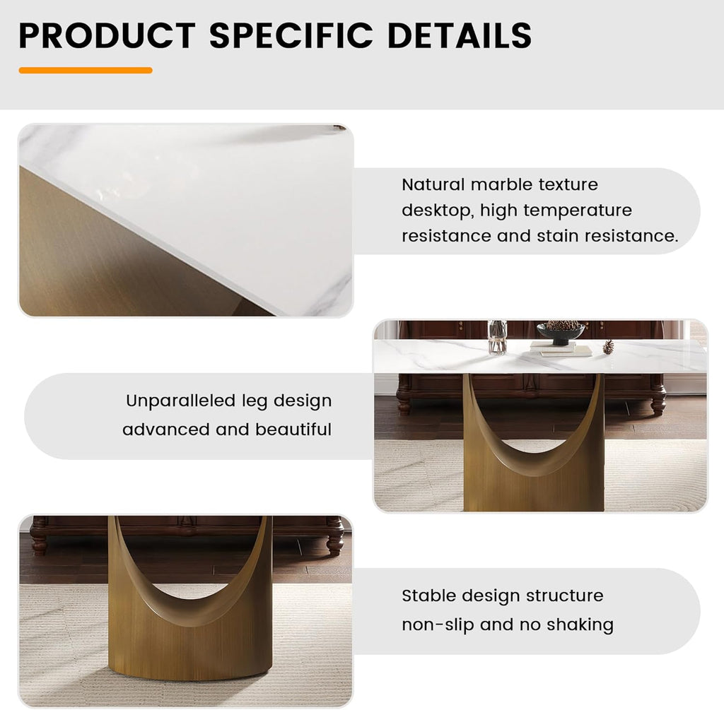 Modern Sintered Stone Dining Table for 6, White Kitchen Table with U-Shaped Gold Carbon Steel Pedestal & Marble Pattern Top, Rounded Corner Design, 63" W Curved Rectangle
