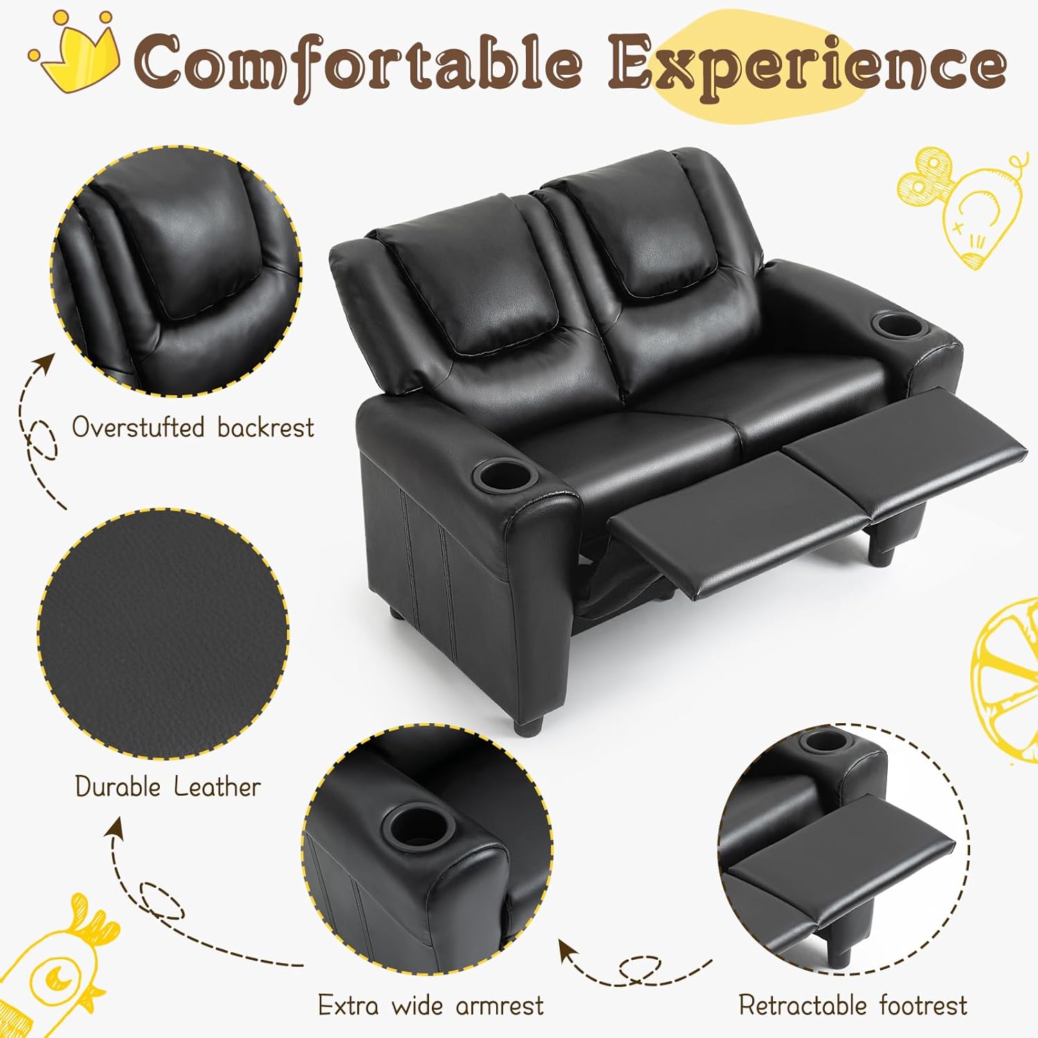 AVAWING Kids Recliner Chair, Double PU Leather Kids Loveseat w/Cup Holder, Lounge Sofa Chair w/Adjustable Footrest & Headrest for Boys Girls 3+ Age Group, Black