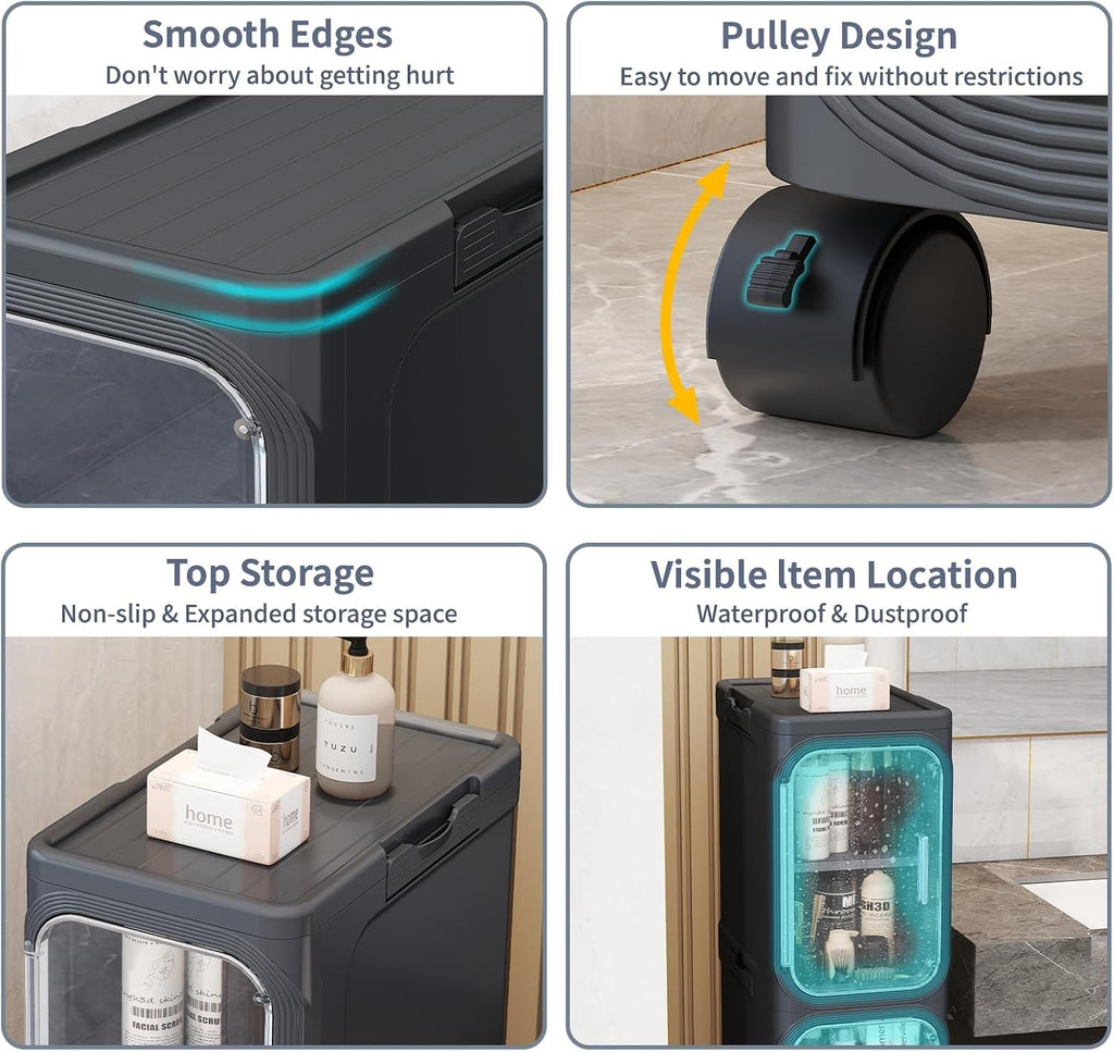 2 Tier Slim Bathroom Storage Cabinet, Foldable and Movable, Black | Tools Free, ABS and PET, Magnetic Clear Door, Adjustable Shelves, Lockable Wheels, Water Resistant, For Narrow Space