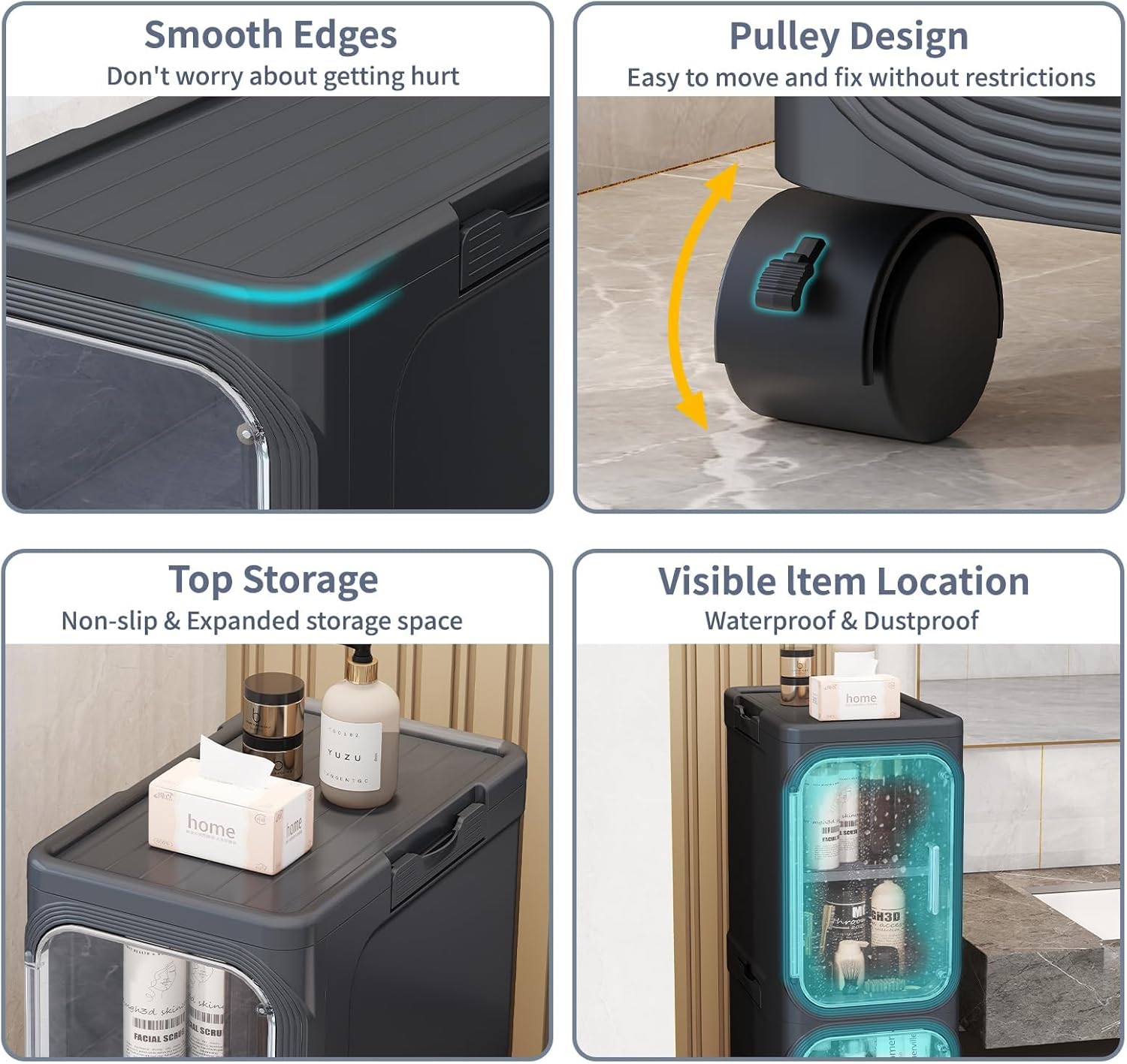 5 Tier Slim Bathroom Storage Cabinet, Foldable and Movable, Black | Tools Free, ABS and PET, Magnetic Clear Door, Adjustable Shelves, Lockable Wheels, Water Resistant, For Narrow Space