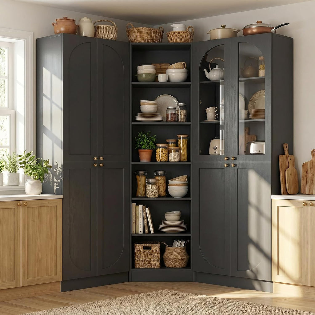 Cyclysio 80" Tall Pantry System with Tempered Glass Doors, Arched Corner Pantries with 6-Tier Open Shelves, Wooden Storage Organizer Cabinets for Living Room, Kitchen, Bathroom