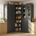 Cyclysio 80" Tall Pantry System with Tempered Glass Doors, Arched Corner Pantries with 6-Tier Open Shelves, Wooden Storage Organizer Cabinets for Living Room, Kitchen, Bathroom