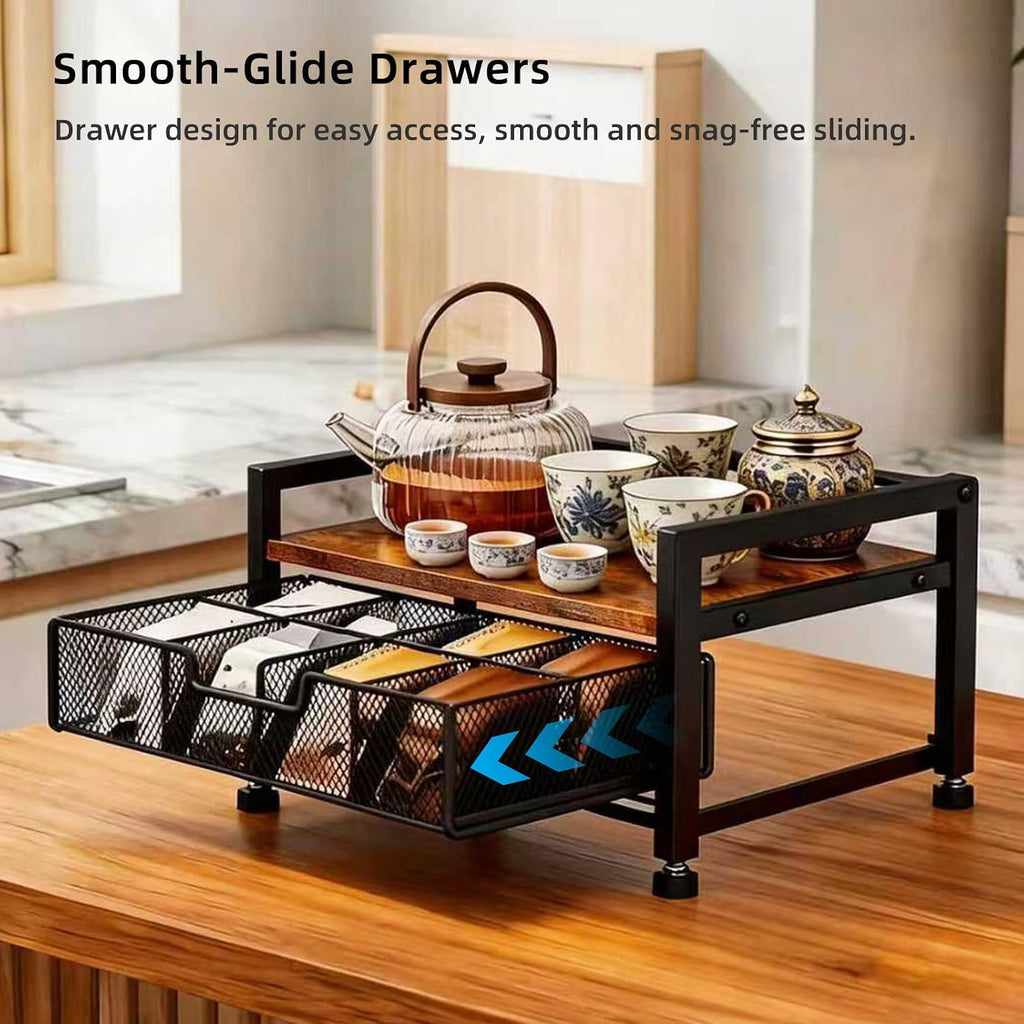 Tea Bag Organizer with 8-Compartment Mesh Drawer, Rustic Brown | Wood & Metal Holder, Spacious Storage Capacity, Smoothly Sliding Drawers, Divided Compartment Storage, Multi-Scene Use