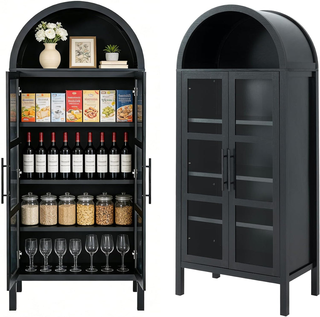 leovanni Arched Kitchen Pantry Cabinet with Tempered Glass Doors, 72" Tall Hutch Storage Cabinet with Adjustable Shelves, Glass Display Bookcase for Dining Room or Living Room, Black