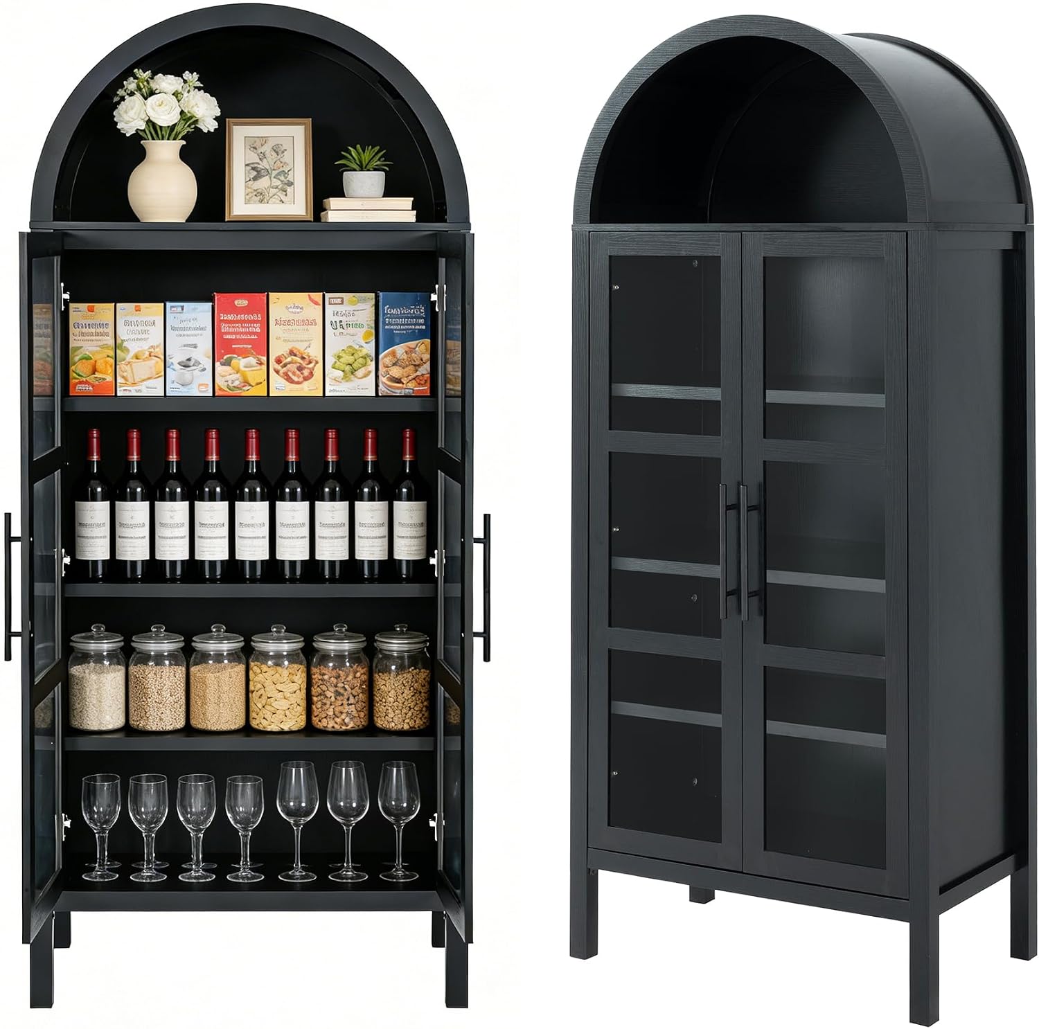 leovanni Arched Kitchen Pantry Cabinet with Tempered Glass Doors, 72" Tall Hutch Storage Cabinet with Adjustable Shelves, Glass Display Bookcase for Dining Room or Living Room, Black