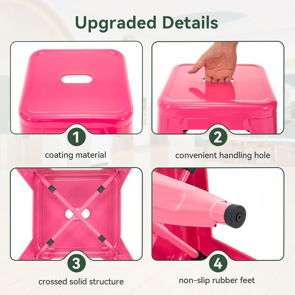 18'' Industrial Metal Stools Set of 4, Stackable Indoor Outdoor, Hot Pink | No Assembly, Waterproof & Rustproof, Easy to Move, Backless, Space-Saving, Stable Design for Classroom Kitchen Dining Patio