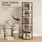 MAHANCRIS Rotating Bookshelf, 5-Tier Book Shelf, 360° Spinning Bookcase, Freestanding Storage Shelf with Guardrails, for Small Space, Living Room, Bedroom, Home Office, Rustic Brown and Black BKHR4501